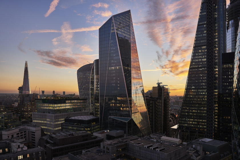 London financial district skyscrapers at sunset