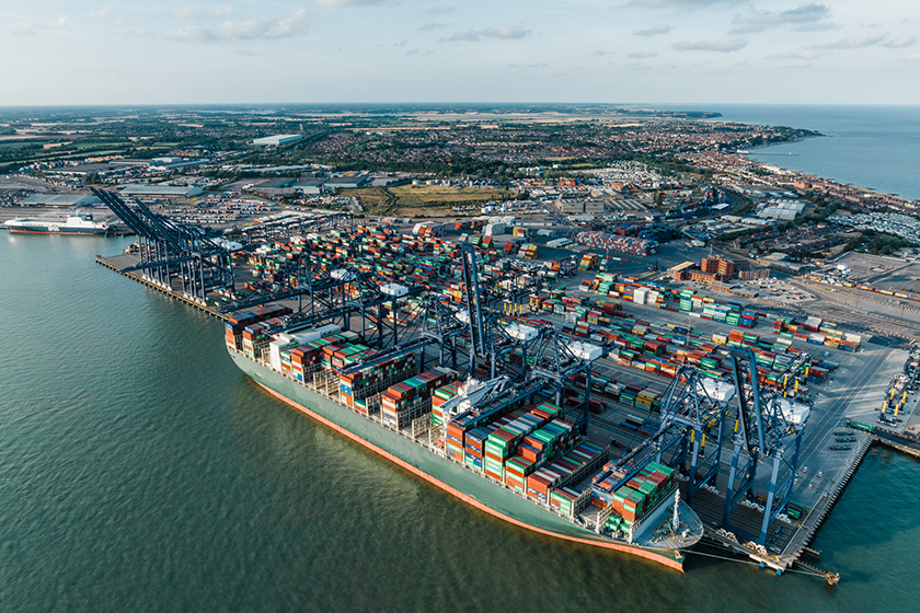 Aerial view of the Port of Felixstowe, the UK's busiest shipping port. 