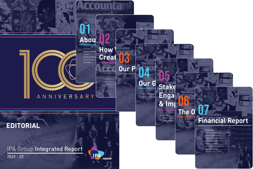 Cover and pages of the IPA Group Integrated Report 2022-23