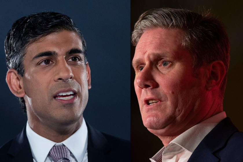 Side by side closeups of current UK PM Rishi Sunak and leader of the Opposition Party Keir Starmer