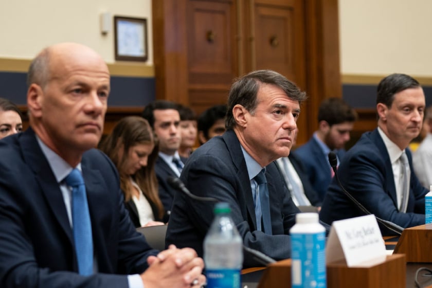 Former Silicon Valley Bank CEO Greg Becker and other bank CEOs appear at a US Houes Financial Services Committee hearing. 