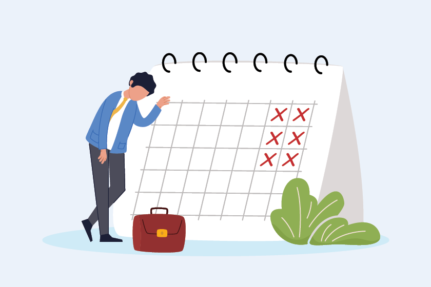 A simple illustration. A man wearing business clothing leans with a tired expression against a giant desk calendar.