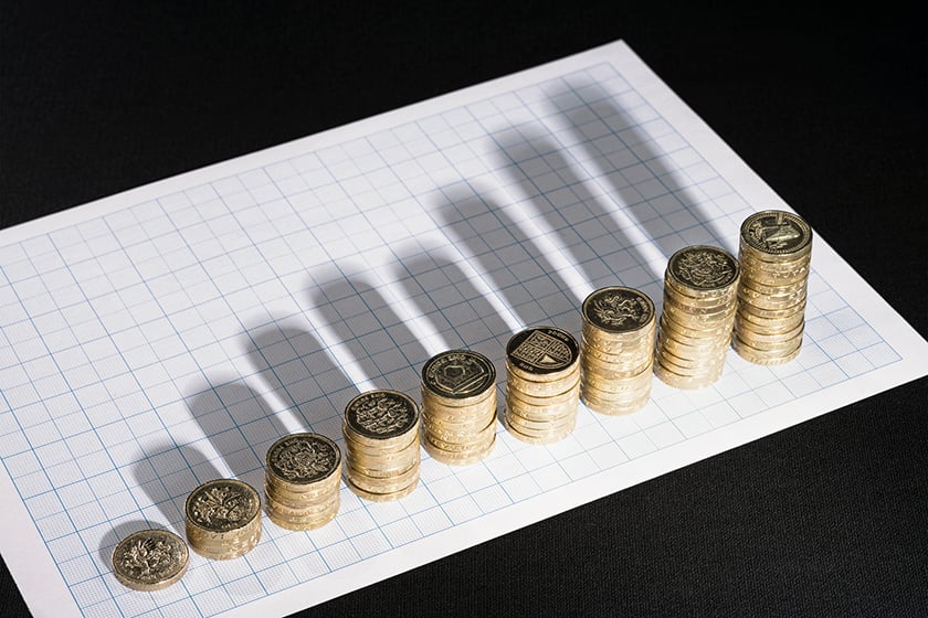 Pound coins stacked on graphic paper, casting shadows in the shape of a column graph