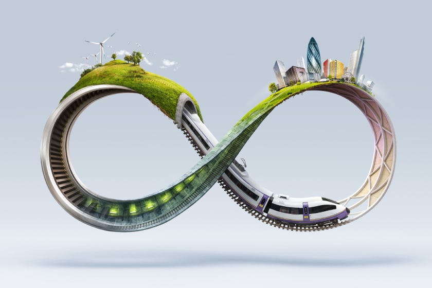 Illustration of an infinity symbol decorated with environmentally friendly projects. 